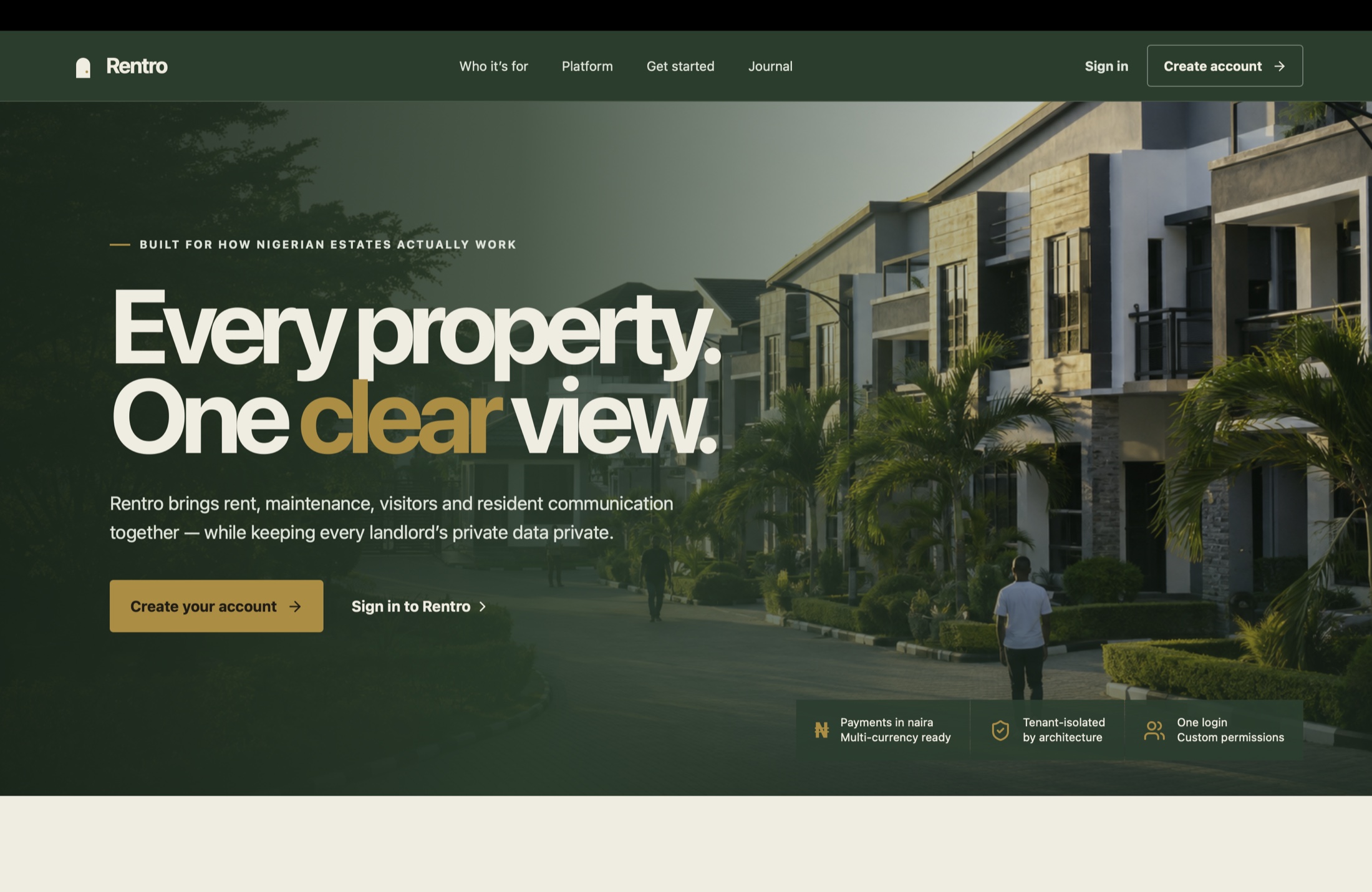 Rentro estate management platform landing experience